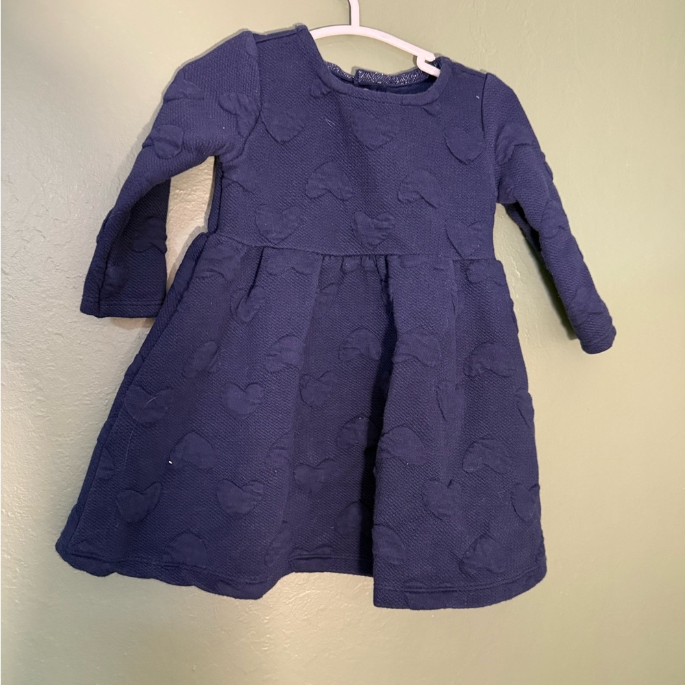 Carter’s Navy Blue Knit Long Sleeve Dress with Textured Heart Pattern, 12M